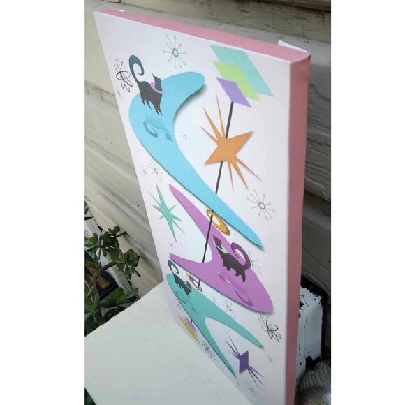 Retro MCM Style "Snobby" Cats on Boomerangs Giclee Print on Canvas Original Art - Picture 4 of 10